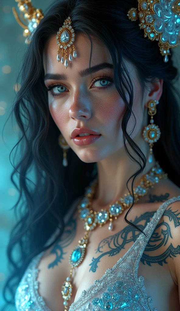 princesa lobo en taparrabo con tatuajes y percings en su boca y nariz foto realista ultradetallada