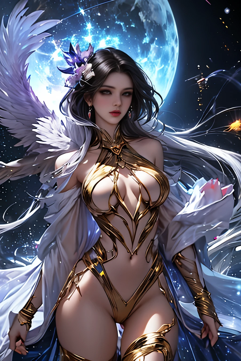 a goddess of the magic, sexy and beautiful, upright star totem float behind the back, magic circle on feets, halo, super textured skin, super detail face, perfect face, Super fine facial details, beautiful and delicate eyes, perfect eyes, correct limbs, correct figner, super detail figner, best hair quality, best clothing quality, best prop quality, best halo detail and quality, best magic circle detail and quality, complex halo detail, anatomically correct