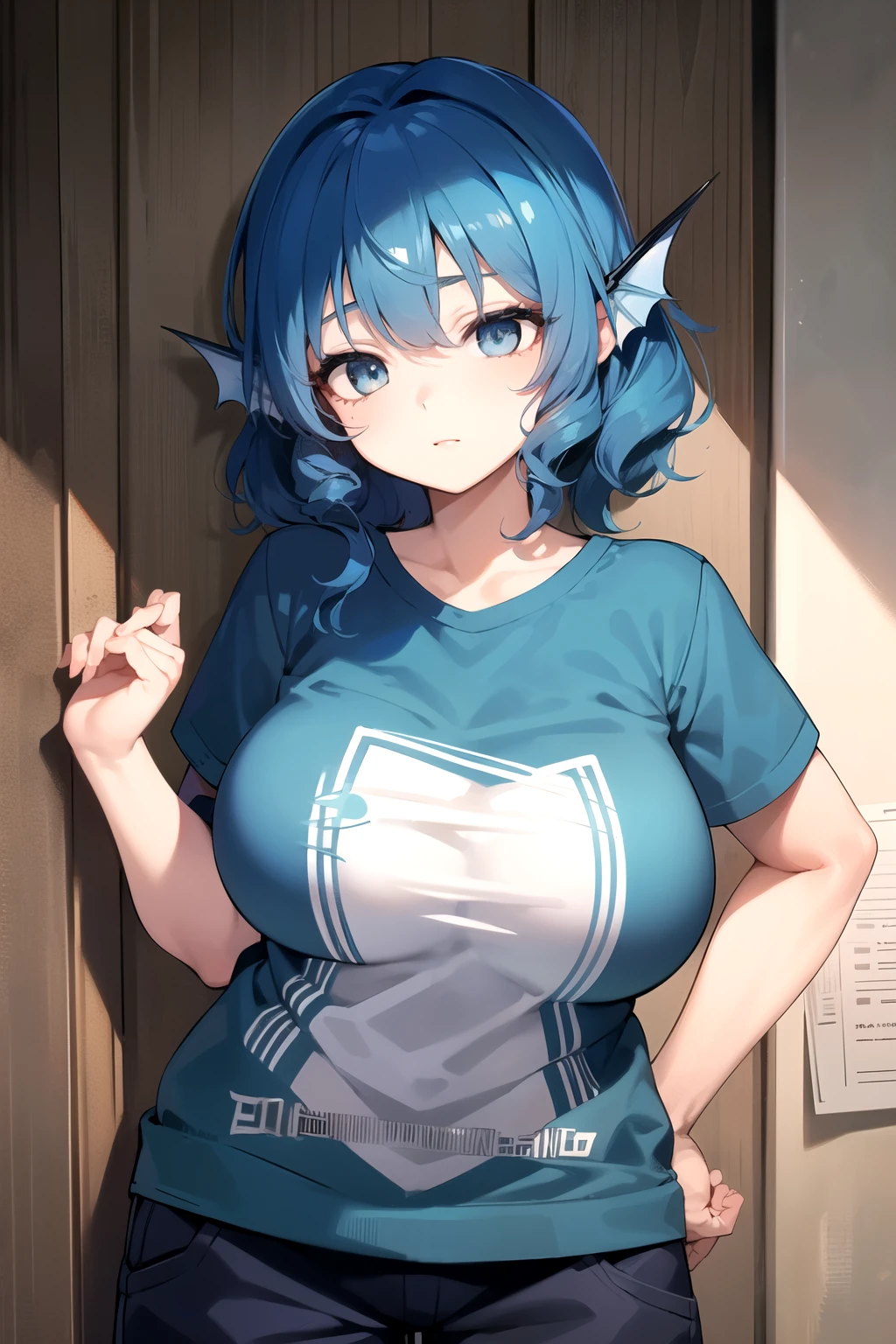 wakasagihime, 1women, age 20, big breast, thick, big head, short, 4'11,white eyes, blind, blue hair, short hair, head fins, t-shirt, monk, pants, medieval , fantasy, focused, masterpiece, best quality, standing strong, (fit:0.9), (muscular:0.9), shiny skin.