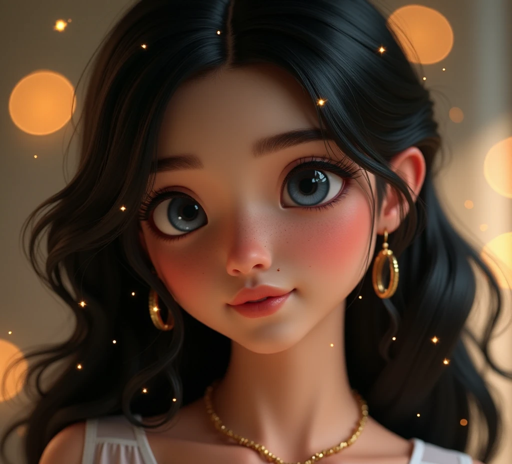 A stunning, 3d render of a female character, close-up portrait, soft lighting. She has long, wavy black hair with delicate strands framing her face, adorned with tiny glowing sparkles as if they were magical fireflies. Her large, expressive blue eyes have a glossy, captivating look with detailed reflections. Her skin is flawless and fair with a soft blush, and a small, subtle beauty mark on her nose. She wears elegant, minimalist gold jewelry, including earrings and a layered necklace. The background is blurred with warm golden bokeh lights, creating a dreamy atmosphere. The mood is enchanting, ethereal, and slightly whimsical. Ultra-high detail, 8K resolution, cinematic rendering