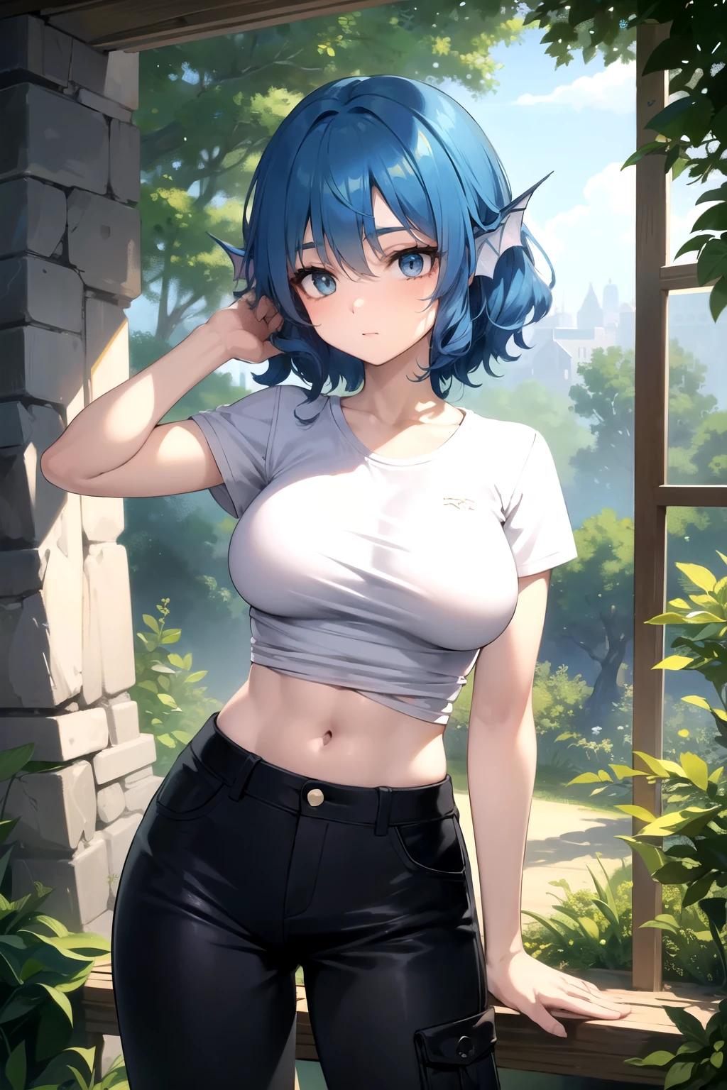 wakasagihime, 1women, age 20, big breast, big head, short, 4'11,white eyes, blind, blue hair, short hair, head fins, t-shirt, monk, pants, medieval , fantasy, focused, masterpiece, best quality, standing strong, (fit:0.9), (muscular:0.9), shiny skin.