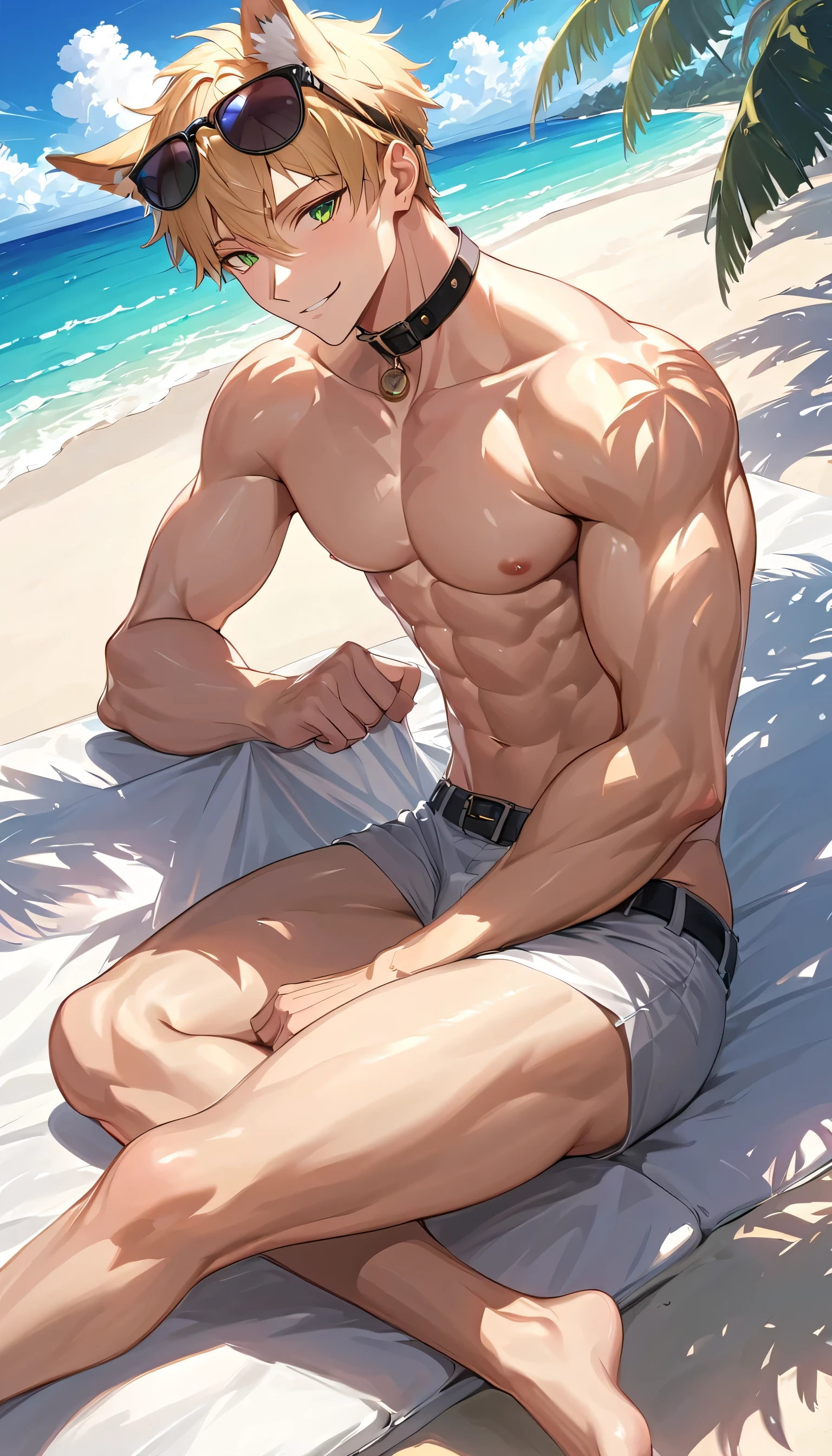 sfw,score_9, score_8_up, score_7,score_6,score_5,score_4_up,sfw,UHD,1080p,4k,highres, realistic,anime, cg, anatomically correct, anthro male,solo,muscular adult,male_focus,handsome,eyebrow,light green eyes, looking at viewer, seductive smile, beautiful detailed eyes, light yellow hair, short hair,bangs,ahoge,folded dog ears,fair skin, textured fur, five fingers, best quality of hands, handsome, muscle, shapely, detailed pupils, sunglasses,eye wear on head,cg,adult, anime style, verism, chiaroscuro, on the sea, (letter tattoo,belt_collar,grey male_underwear,bare feet,big dick, arms_at_sides, relaxing pose,light smile),beach, ocean, outside, ( beach chair,palm tree, sand,waves),lying on beach chair, relaxing,bare feet, fingernail, looking_at_viewer, collarbone,1 tail,dog tail,good tail, tail beside body,tail_wagging,peaceful face, textured skin, muscle,UHD, ray tracing, (full_shot:1.3),facing_away, cloud, sunlight, palm tree, sunny weather,from_side, head_tilt,depth of field,sfw