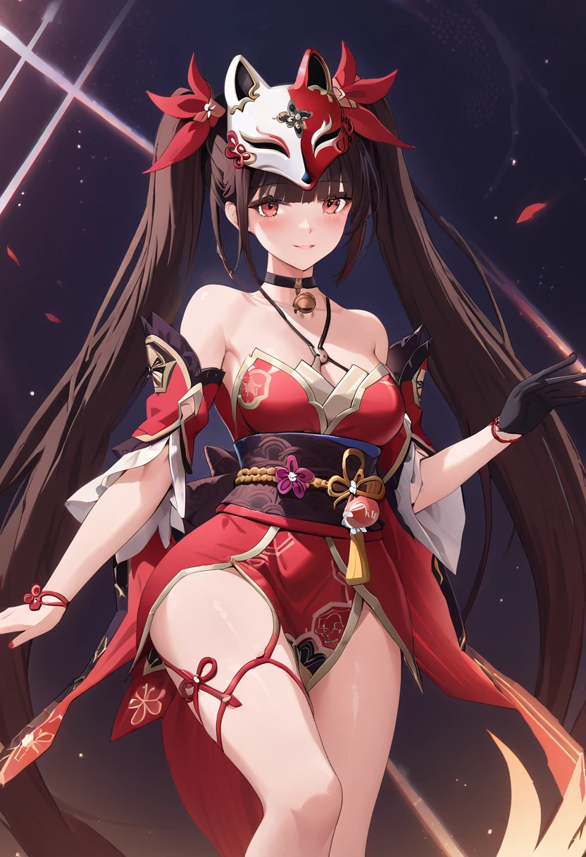 ((best quality, amazing quality, very aesthetic, highres, incredibly absurdres, retouched, smooth lines, excellent color,shiny skin )), twintails, hair ornament, off shoulder kimono, mask on head, detached sleeves, choker, obi, single glove, cross-laced sandals, wristband, criss-cross halter, thigh strap
