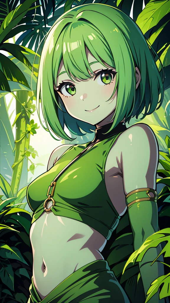 score_9, score_8_up, score_7_up, high resolution, 1girl, crossed legs, looking at viewer, beautiful face, detailed pupils, staring, rainbow hair, chonmage, hair between eyes, dark green eyes, flat chest, backlighting, perspective, jungle <lora:Mankai_Kaika_PonyXL_style_v01:1>