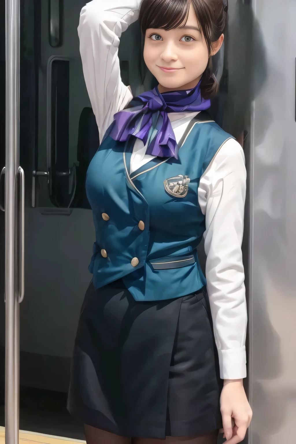 (masterpiece:1.2,  best quality:1.2), 32kHDR,  kampala, (Alone、  1 girl)、（What is 、  professional lighting）、In-flight background、（Nankai Train crew uniformを着たリアルなスタイル）、（（Nankai train crew uniform green vest））、（（ Nankai train crew uniform collarless white long sleeve blouse）） 、（（Black Curly Culotte Skirt 、Scarf around the neck））、 Dark brown hair 、（ Long Hair、Hair tied up、Hair tied up）、 Dark brown hair 、 Long Hit 、Big Breasts、Thin legs、（（ amazing hands：2.0）），（（  Harmonious Body Proportions ：1.5）），（（Normal limbs：2.0）），（（Usually refers to：2.0）），（（ delicate eyes ：2.0）），（（Normal eyes：2.0））)、smile、（Nankai Train crew uniformを着た美しい姿）、Hands clasped underneath
