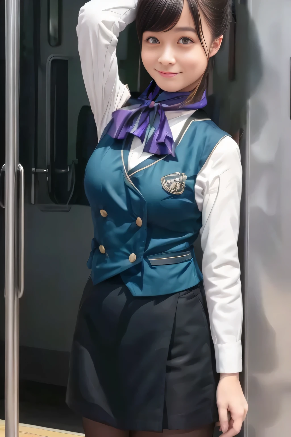 (masterpiece:1.2,  best quality:1.2), 32kHDR,  kampala, (Alone、  1 girl)、（What is 、  professional lighting）、In-flight background、（Nankai Train crew uniformを着たリアルなスタイル）、（（Nankai train crew uniform green vest））、（（ Nankai train crew uniform collarless white long sleeve blouse）） 、（（Black Curly Culotte Skirt 、Scarf around the neck））、 Dark brown hair 、（ Long Hair、Hair tied up、Hair tied up）、 Dark brown hair 、 Long Hit 、Big Breasts、Thin legs、（（ amazing hands：2.0）），（（  Harmonious Body Proportions ：1.5）），（（Normal limbs：2.0）），（（Usually refers to：2.0）），（（ delicate eyes ：2.0）），（（Normal eyes：2.0））)、smile、（Nankai Train crew uniformを着た美しい姿）、Hands clasped underneath
