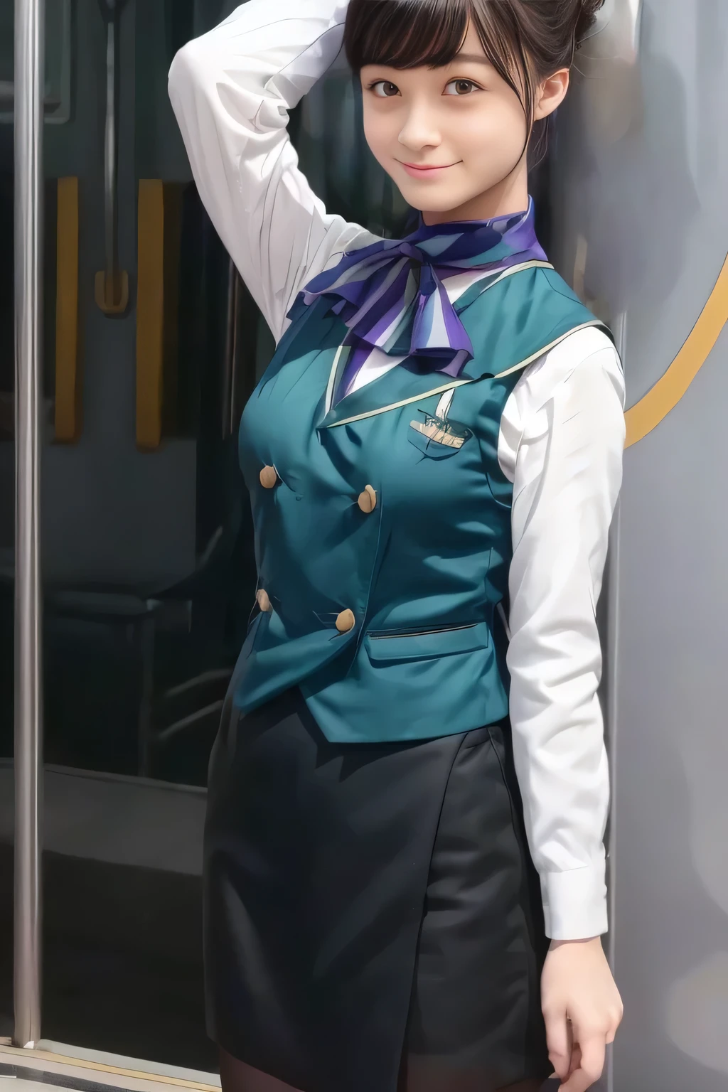 (masterpiece:1.2,  best quality:1.2), 32kHDR,  kampala, (Alone、  1 girl)、（What is 、  professional lighting）、In-flight background、（Nankai Train crew uniformを着たリアルなスタイル）、（（Nankai train crew uniform green vest））、（（ Nankai train crew uniform collarless white long sleeve blouse）） 、（（Black Curly Culotte Skirt 、Scarf around the neck））、 Dark brown hair 、（ Long Hair、Hair tied up、Hair tied up）、 Dark brown hair 、 Long Hit 、Big Breasts、Thin legs、（（ amazing hands：2.0）），（（  Harmonious Body Proportions ：1.5）），（（Normal limbs：2.0）），（（Usually refers to：2.0）），（（ delicate eyes ：2.0）），（（Normal eyes：2.0））)、smile、（Nankai Train crew uniformを着た美しい姿）、Hands clasped underneath
