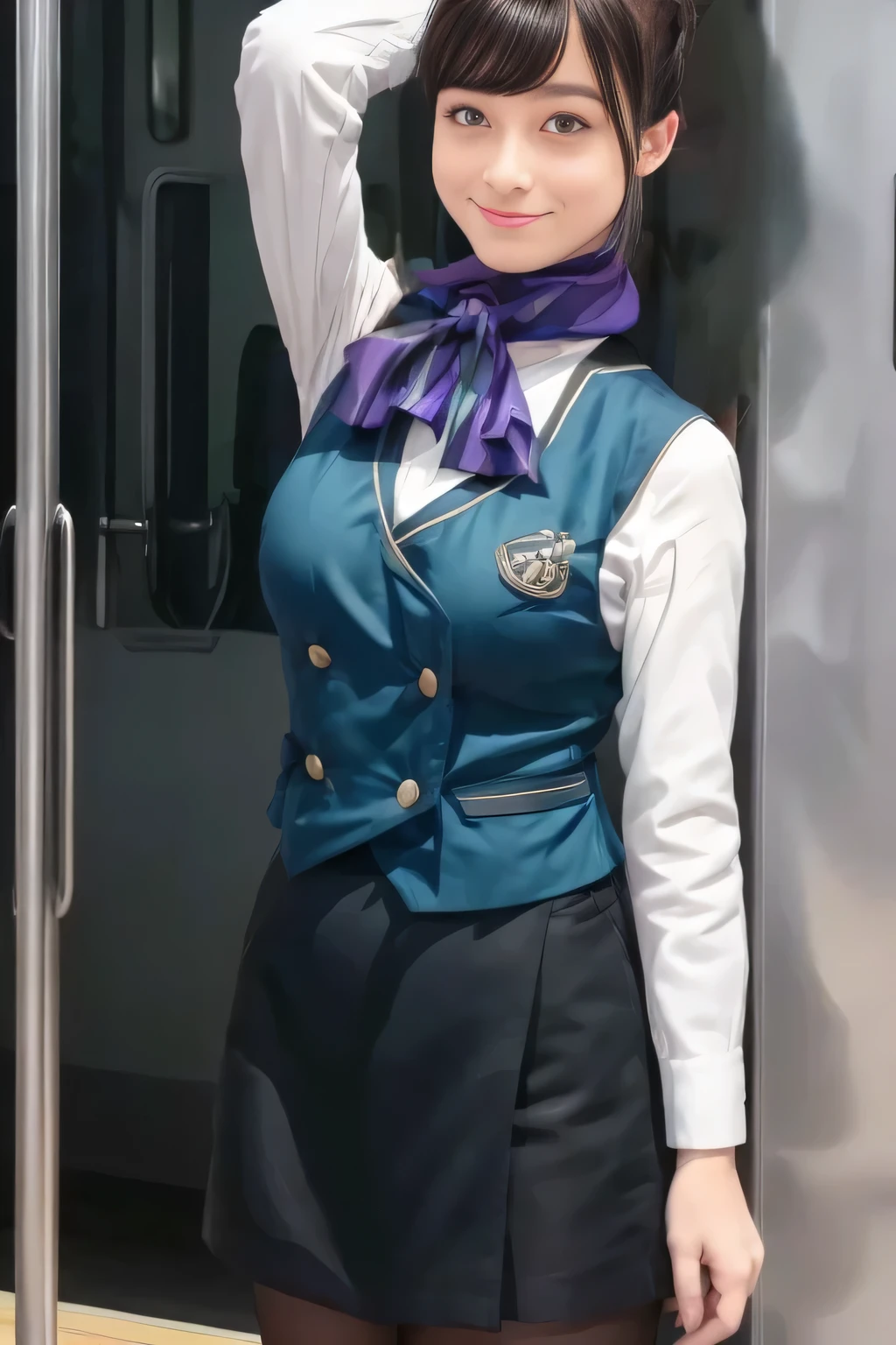 (masterpiece:1.2,  best quality:1.2), 32kHDR,  kampala, (Alone、  1 girl)、（What is 、  professional lighting）、In-flight background、（Nankai Train crew uniformを着たリアルなスタイル）、（（Nankai train crew uniform green vest））、（（ Nankai train crew uniform collarless white long sleeve blouse）） 、（（Black Curly Culotte Skirt 、Scarf around the neck））、 Dark brown hair 、（ Long Hair、Hair tied up、Hair tied up）、 Dark brown hair 、 Long Hit 、Big Breasts、Thin legs、（（ amazing hands：2.0）），（（  Harmonious Body Proportions ：1.5）），（（Normal limbs：2.0）），（（Usually refers to：2.0）），（（ delicate eyes ：2.0）），（（Normal eyes：2.0））)、smile、（Nankai Train crew uniformを着た美しい姿）、Hands clasped underneath
