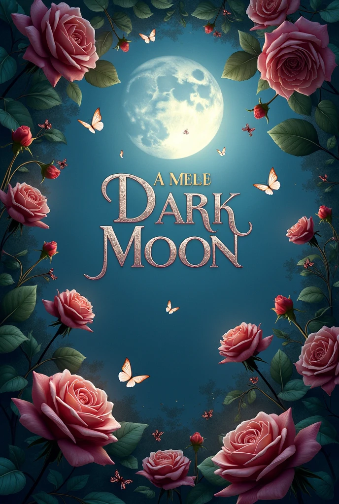 The name of Dark Moon on a paper with roses and butterflies under the full moon