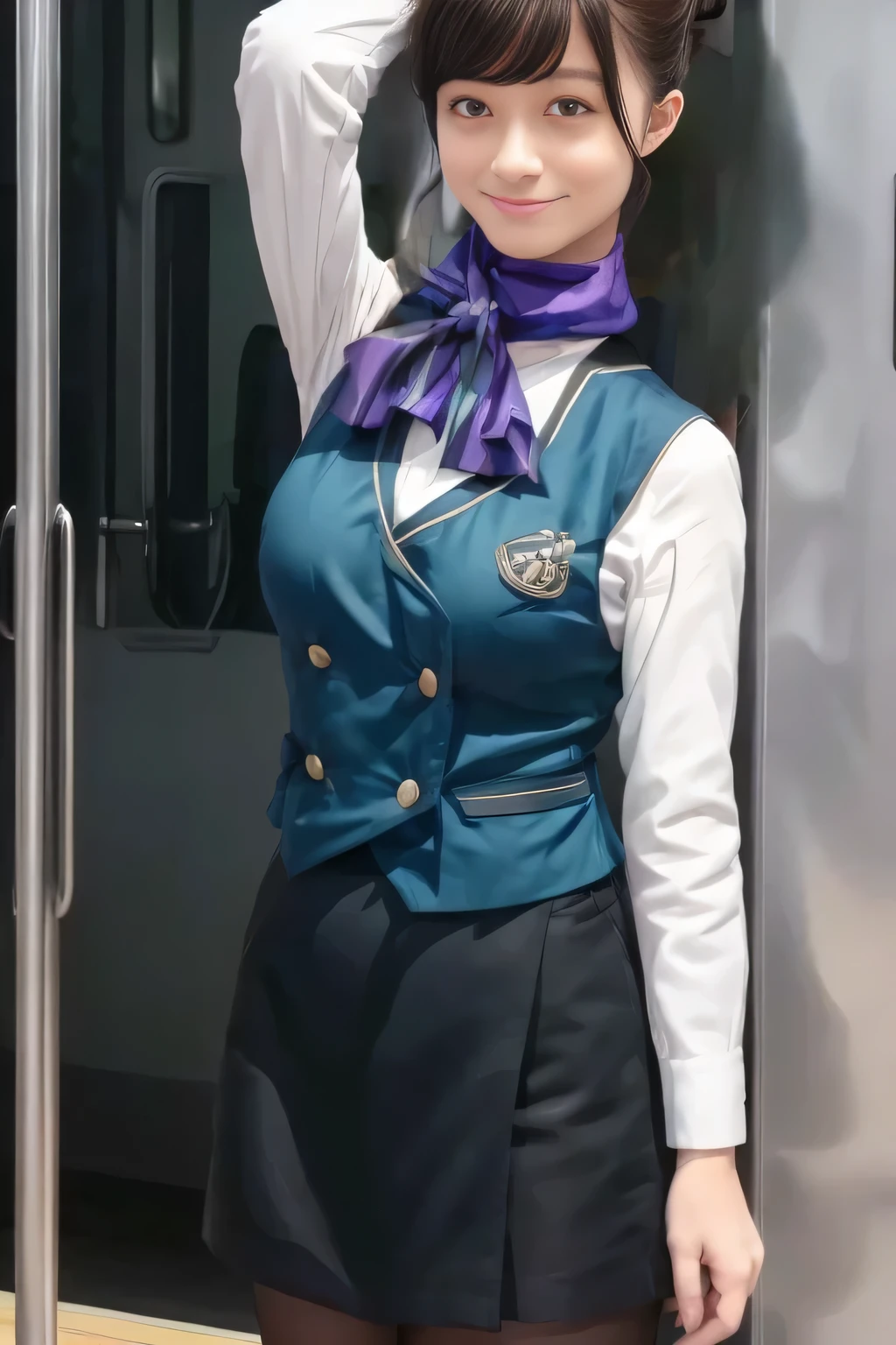 (masterpiece:1.2,  best quality:1.2), 32kHDR,  kampala, (Alone、  1 girl)、（What is 、  professional lighting）、In-flight background、（Nankai Train crew uniformを着たリアルなスタイル）、（（Nankai train crew uniform green vest））、（（ Nankai train crew uniform collarless white long sleeve blouse）） 、（（Black Curly Culotte Skirt 、Scarf around the neck））、 Dark brown hair 、（ Long Hair、Hair tied up、Hair tied up）、 Dark brown hair 、 Long Hit 、Big Breasts、Thin legs、（（ amazing hands：2.0）），（（  Harmonious Body Proportions ：1.5）），（（Normal limbs：2.0）），（（Usually refers to：2.0）），（（ delicate eyes ：2.0）），（（Normal eyes：2.0））)、smile、（Nankai Train crew uniformを着た美しい姿）、Hands clasped underneath
