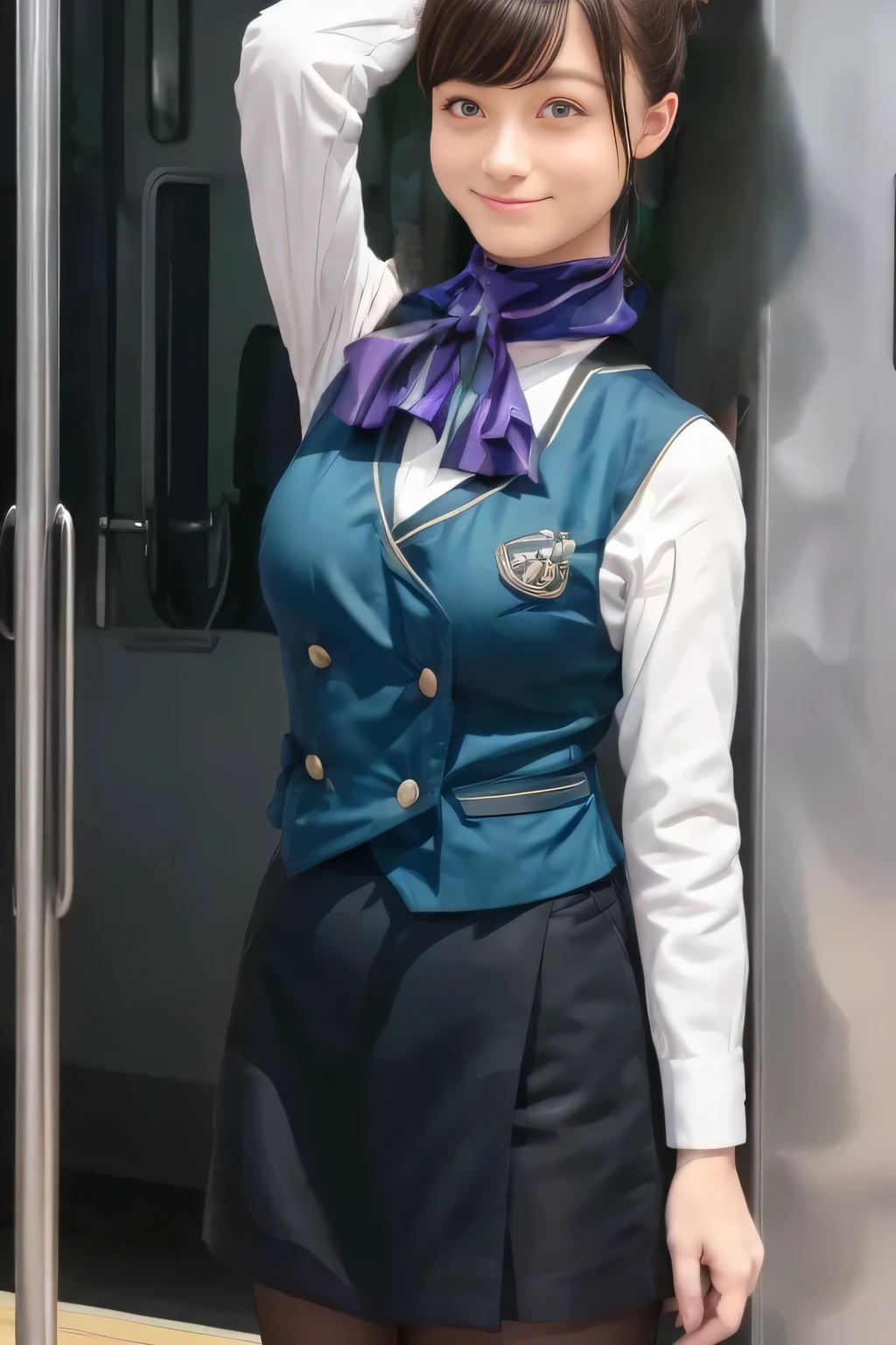 (masterpiece:1.2,  best quality:1.2), 32kHDR,  kampala, (Alone、  1 girl)、（What is 、  professional lighting）、In-flight background、（Nankai Train crew uniformを着たリアルなスタイル）、（（Nankai train crew uniform green vest））、（（ Nankai train crew uniform collarless white long sleeve blouse）） 、（（Black Curly Culotte Skirt 、Scarf around the neck））、 Dark brown hair 、（ Long Hair、Hair tied up、Hair tied up）、 Dark brown hair 、 Long Hit 、Big Breasts、Thin legs、（（ amazing hands：2.0）），（（  Harmonious Body Proportions ：1.5）），（（Normal limbs：2.0）），（（Usually refers to：2.0）），（（ delicate eyes ：2.0）），（（Normal eyes：2.0））)、smile、（Nankai Train crew uniformを着た美しい姿）、Hands clasped underneath
