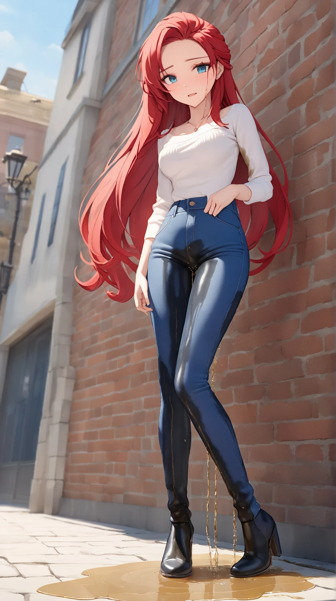 ((best quality, masterpiece:1.3, 8K)), (detailed), highly detailed face and skin texture, detailed eyes, downtown, seductive pose, full body, slender body, 1girl, 25 years old, white skin, blue eyes, bright lips, worried, embarrassed, long hair, (forehead:0.8), (stylish top:1.2), jeans pants, blue jeans, footwear, peeing jeans, peeing pants, pee stain, (wetting herself:1.5), desperation,