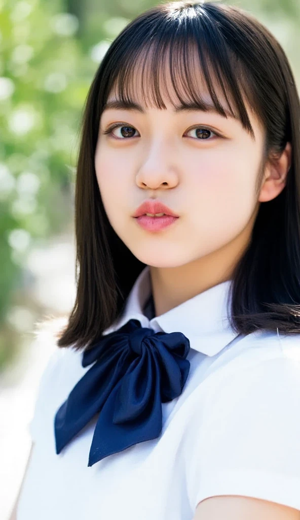 A high resolution photograph of a Japanese female idol, intricate details, solo, 1girl, high school student, white collared shirt, blue thin-bowtie, bob cut with blunt bangs, face focus, (pout, pouting expression:1.2),,