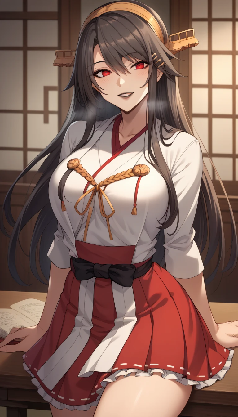  score_9,  score_8_up,  score_7_up,  source_Anime, Game CG, Harunakai is tied behind KC , Long Hair,  skirt,  Hair Ornament , Thigh-Length Socks ,  headband, Put a mask on the , Japanese clothing,  hair clips, red  skirt,  headgear , Ribbon trim, ノントラディショナルShrine maiden,  ribbon,smile, open lips, E cup breasts. thin waist。  for perfect proportions。Slender body。 well-balanced body 。Side-view poses (  beautiful eyes ) ,red eyes,Shrine maiden, HOODIE,Long Hair,(  High Quality  , 8k, 4K,  high contrast  , :1.2,  High Quality  , BETTER AESTHETICS  ), (  dynamic angle  ), ((1 female)),  erotic,  functional,  mature body,  super detailed,  detailed beautiful face,  beautiful detailed eyes,  Beautifully detailed mouth ,  sexy body on the desk , Perfect Breathing  ,  Perfect Thighs  , (Caucasian skin),Black Lips, (center), (  Standing in a dark room 、 staring at the viewer  ),whole body, ミニ skirt,
