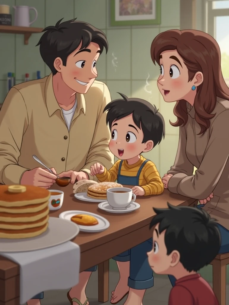 Caleb and his mom, dad and little brother are sitting at the kitchen table eating pancakes while talking and smiling.