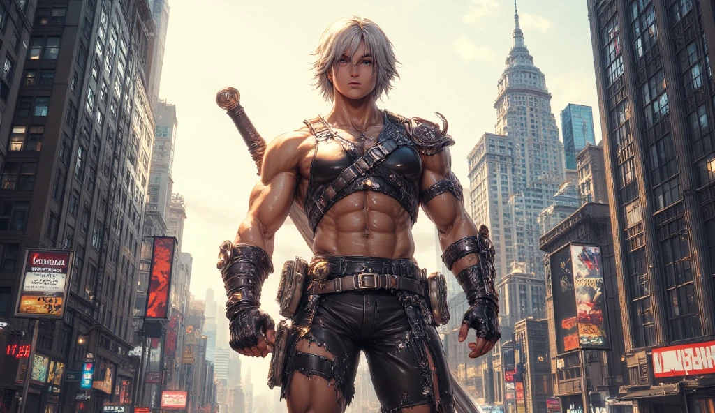 1boy, male, silver short hair, red eyes, wear sleeveless military vest, leather harness, short torn pants, shine tan skin, sword, beautiful legs, solo, standing on newyork city street, skyscraper, realistic background, studio lighting, soft focus, physically-based rendering, professional