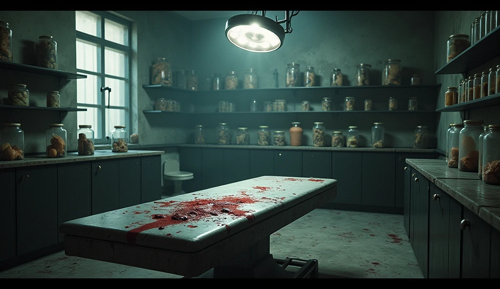 (raw photo, best quality) , (Realistic, photo-realistic: 1.4), extremely formidable overall plan, masterpiece, ultra-detailed, high resolution, best illustration, best shadow, complex, depth of field, horror, scary, workshop with a table in bloody wood (blood), there are several bloody torture instruments laid on the wooden table (saws, scalpels, knives)(blood), there are bloodied cut human limbs (arms, legs) that are attached to hooks, they are attached to the ceiling and they hang around the table, The atmosphere is unhealthy and horrifying, scary, dark, 8k style photorealist, DSLR, high quality, (film grain: 1.4), Fujifilm XT3,