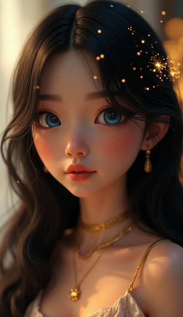 A stunning, 3d render of a female character, close-up portrait, soft lighting. She has long, wavy black hair with delicate strands framing her face, adorned with tiny glowing sparkles as if they were magical fireflies. Her large, expressive blue eyes have a glossy, captivating look with detailed reflections. Her skin is flawless and fair with a soft blush, and a small, subtle beauty mark on her nose. She wears elegant, minimalist gold jewelry, including earrings and a layered necklace. The background is blurred with warm golden bokeh lights, creating a dreamy atmosphere. The mood is enchanting, ethereal, and slightly whimsical. Ultra-high detail, 8K resolution, cinematic rendering