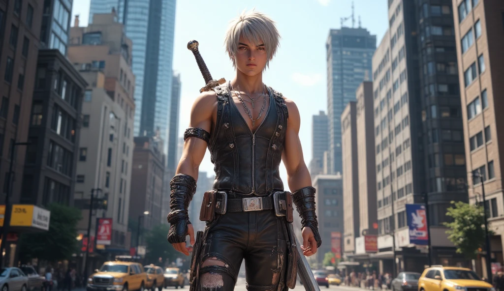 1boy, silver short hair, red eyes, wear sleeveless military vest, leather harness, short torn pants, shine tan skin, sword, beautiful legs, solo, standing on newyork city street, skyscraper, realistic background, studio lighting, soft focus, physically-based rendering, professional