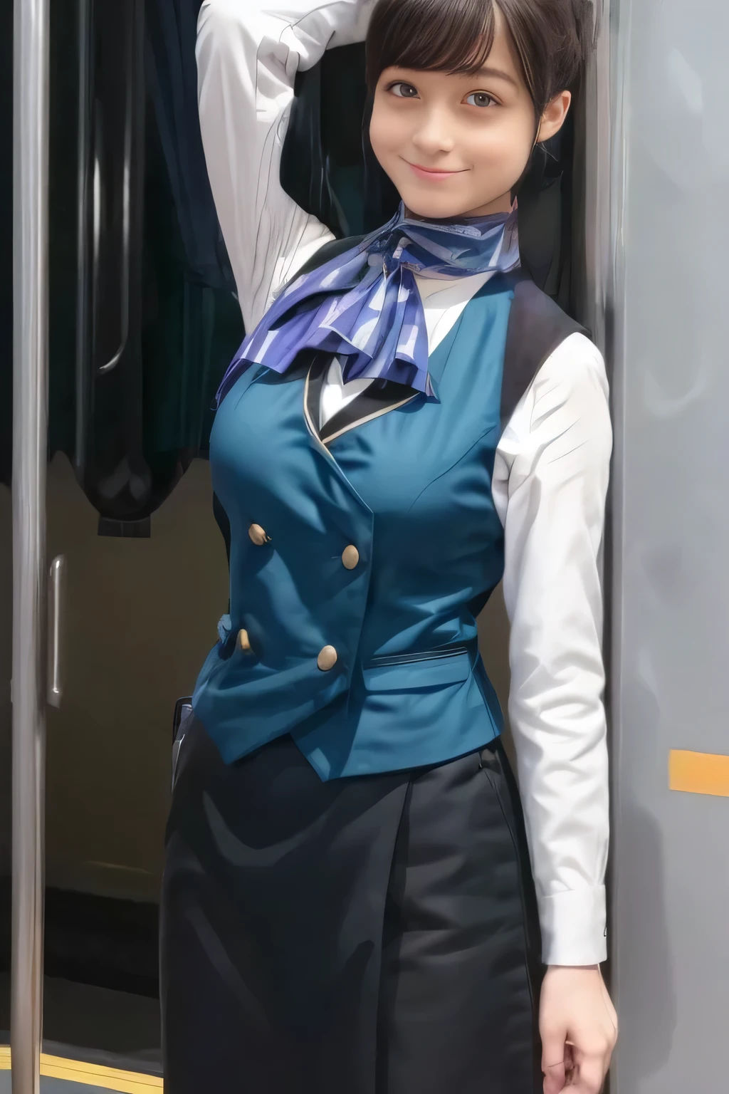 (masterpiece:1.2,  best quality:1.2), 32kHDR,  kampala, (Alone、  1 girl)、（What is 、  professional lighting）、In-flight background、（Nankai Train crew uniformを着たリアルなスタイル）、（（Nankai train crew uniform green vest））、（（ Nankai train crew uniform collarless white long sleeve blouse）） 、（（Black Curly Culotte Skirt 、Scarf around the neck））、 Dark brown hair 、（ Long Hair、Hair tied up、Hair tied up）、 Dark brown hair 、 Long Hit 、Big Breasts、Thin legs、（（ amazing hands：2.0）），（（  Harmonious Body Proportions ：1.5）），（（Normal limbs：2.0）），（（Usually refers to：2.0）），（（ delicate eyes ：2.0）），（（Normal eyes：2.0））)、smile、（Nankai Train crew uniformを着た美しい姿）、Hands clasped underneath
