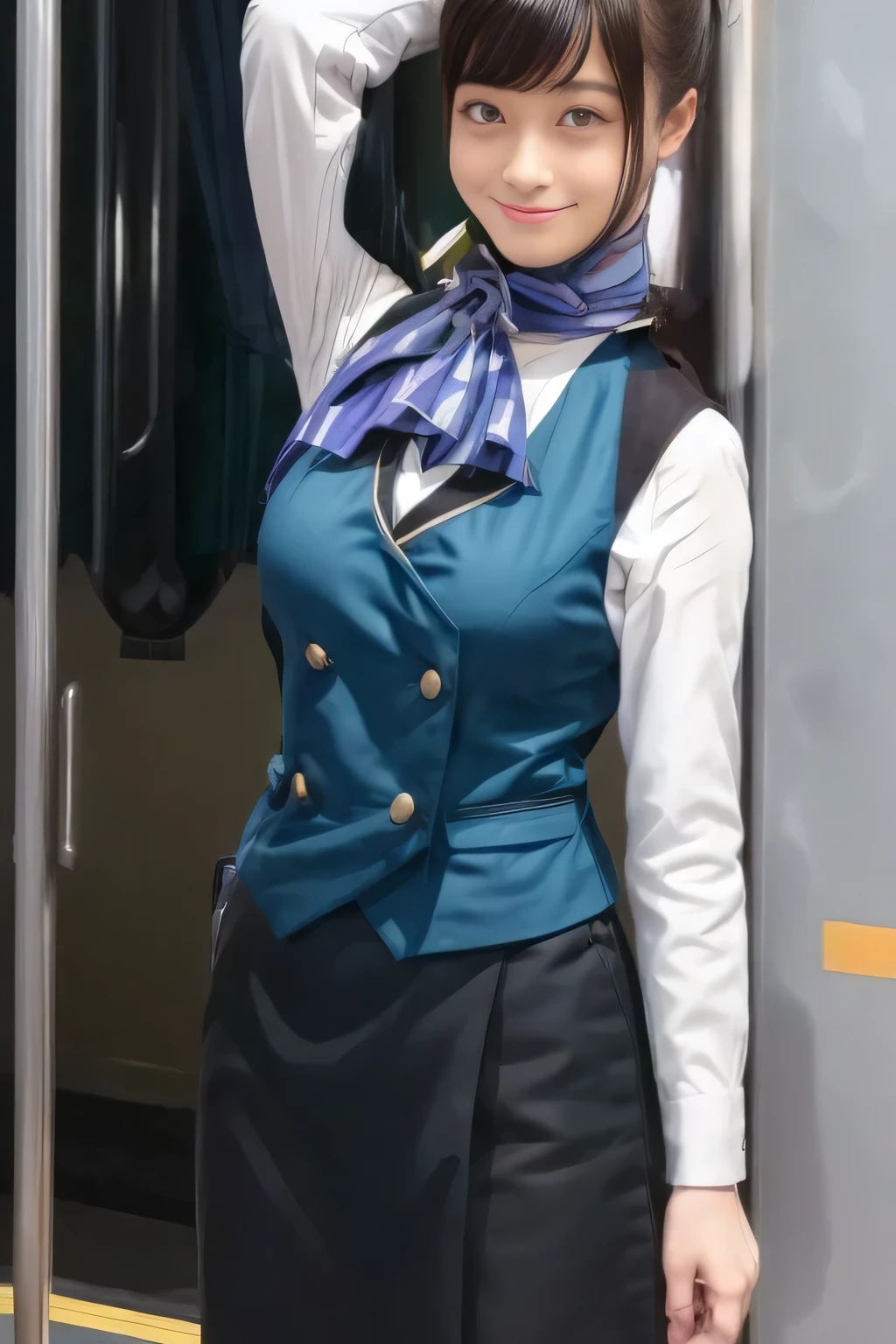 (masterpiece:1.2,  best quality:1.2), 32kHDR,  kampala, (Alone、  1 girl)、（What is 、  professional lighting）、In-flight background、（Nankai Train crew uniformを着たリアルなスタイル）、（（Nankai train crew uniform green vest））、（（ Nankai train crew uniform collarless white long sleeve blouse）） 、（（Black Curly Culotte Skirt 、Scarf around the neck））、 Dark brown hair 、（ Long Hair、Hair tied up、Hair tied up）、 Dark brown hair 、 Long Hit 、Big Breasts、Thin legs、（（ amazing hands：2.0）），（（  Harmonious Body Proportions ：1.5）），（（Normal limbs：2.0）），（（Usually refers to：2.0）），（（ delicate eyes ：2.0）），（（Normal eyes：2.0））)、smile、（Nankai Train crew uniformを着た美しい姿）、Hands clasped underneath
