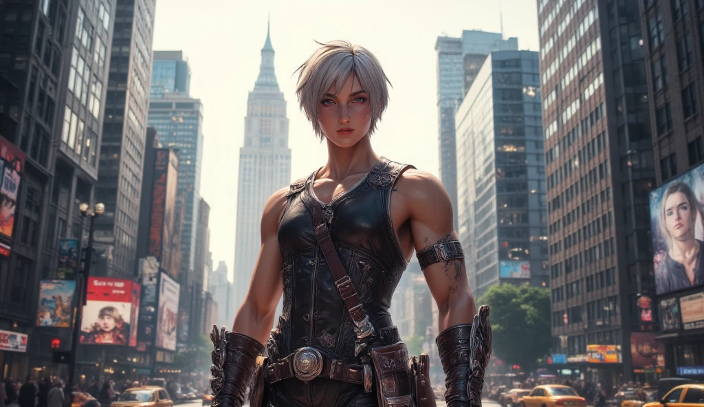 1boy, silver short hair, red eyes, wear sleeveless military vest, leather harness, short torn pants, shine tan skin, sword, beautiful legs, solo, standing on newyork city street, skyscraper, realistic background, studio lighting, soft focus, physically-based rendering, professional