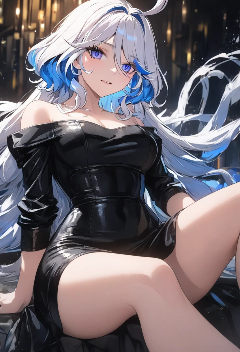 masterpiece, best quality, GishanV4, 1girl, solo, slight smile, blush, full body, ((leotard, white footwear, black leotard, black dress:1.2)), skates, ice skates, outdoors, sitting, ass, thighs, sky, see-through, night, halo, hair intakes, star (sky), night sky, starry sky <lora:GishanTstV4:0.8>