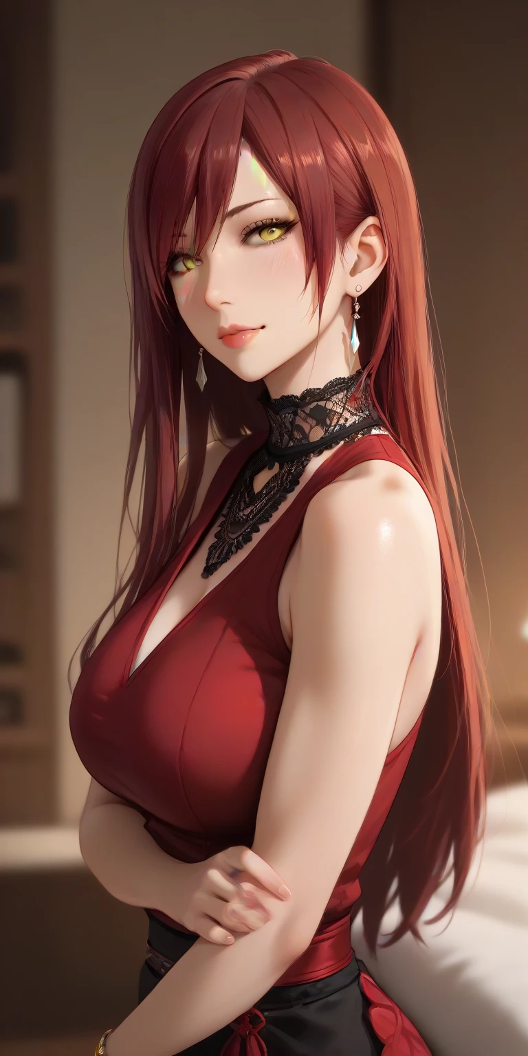 Score_9, Score_8_up, Score_7_up, Source_anime, anime art, anime style, masterpiece, best quality, very aesthetic, 1girl, mature woman, milf, curvaceous, long hair, side bangs, maroon hair, sleeveless turtle neck, erza, seductive, perfecteyes, yellow eyes, upper body, home, soft light