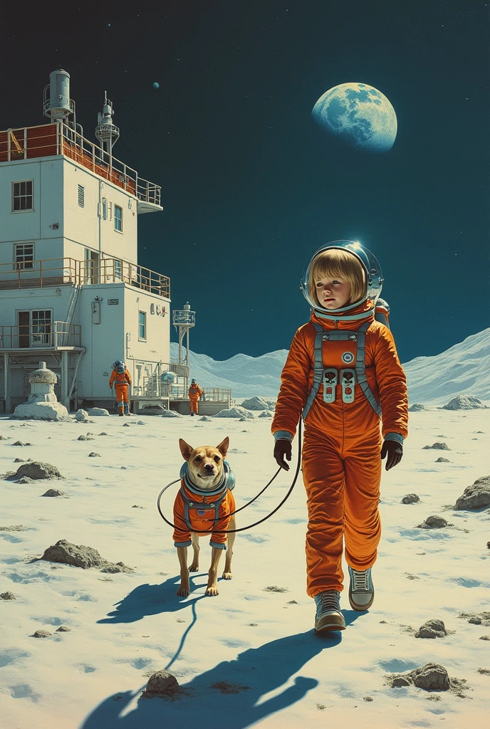 A gorgeous image, using 1970s science fiction painting style, of a lunar space walk involving a young girl wearing a spacesuit walking her cute dog in a spacesuit walking on the surface of the Moon; the girl in the spacesuit is walking in front of a sophisticated complex moon base with white modular walls, solar arrays, docking modules, laboratory module, greenhouse hydroponic facilities, sensor arrays, magnetic spectrometers, cupolas, launch pad; in the distance, the viewer can see the Planet Earth .