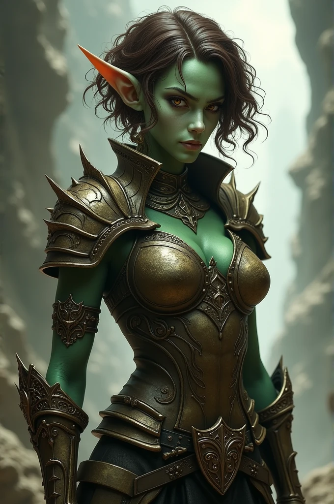 one githyanki girl, githyanki, (green skin, pointy ears, long ears:1.5), solo, (slender body:1.2), (muscular, upper body, bust:1.2), black eyes, black hair, (revealing outfit, tiny breasts, small breasts, male chest, cleavage, exposed body:1.5), bare shoulders, (belts, shoulder-belts:1.3), masterpiece, highly detailed, look at viewer, shiny blured orange background, gradient sprayed background, front view, gradient red purple background, blured background, glowing edges of image