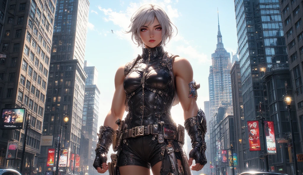 1boy, silver short hair, red eyes, wear sleeveless military vest, flat chest, leather harness, short torn pants, shine tan skin, sword, beautiful legs, solo, standing on newyork city street, skyscraper, realistic background, studio lighting, soft focus, physically-based rendering, professional