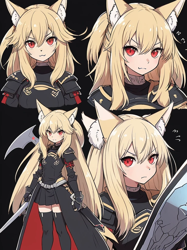 black background with spotlights、kishi-v2(A knight with a black and evil 々 shield、I can see the fangs、Double teeth、Wear armor , Beige Hair 、 Red Eyes, 1 girl), I put on black tights、 1 girl, in , fox girl, in female, fox ears, animal ears , Nazuna_Hiwatashi, brown hair,Long Hair, red eyes, (Animal Nose, triangular nose ), fox ears, ((bushy Tail, Tail)), fluffy fur with a large shield ,sketch ( character design sheet focused on perfection ,The nihilistic face, Mean face、same characters, whole body, three views, Front, ~ ~ ~ side, return)