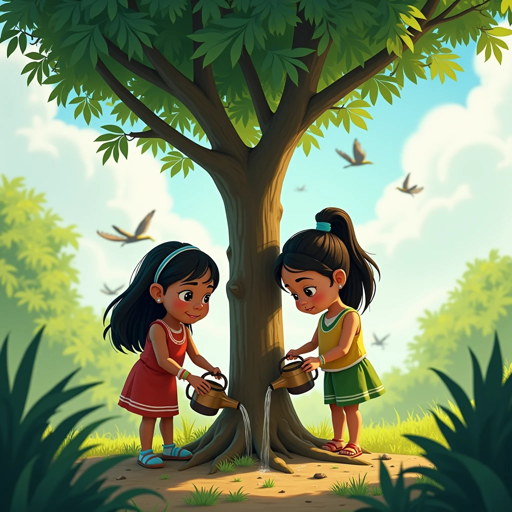 Create an image of children planting plants and caring for the environment with animals that is related to Pachamama 