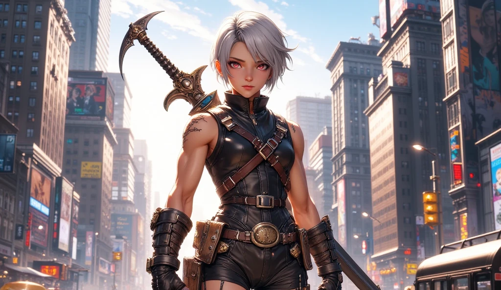 1boy, silver short hair, red eyes, wear sleeveless military vest, leather harness, short torn pants, shine tan skin, sword, beautiful legs, solo, standing on newyork city street, skyscraper, realistic background, studio lighting, soft focus, physically-based rendering, professional