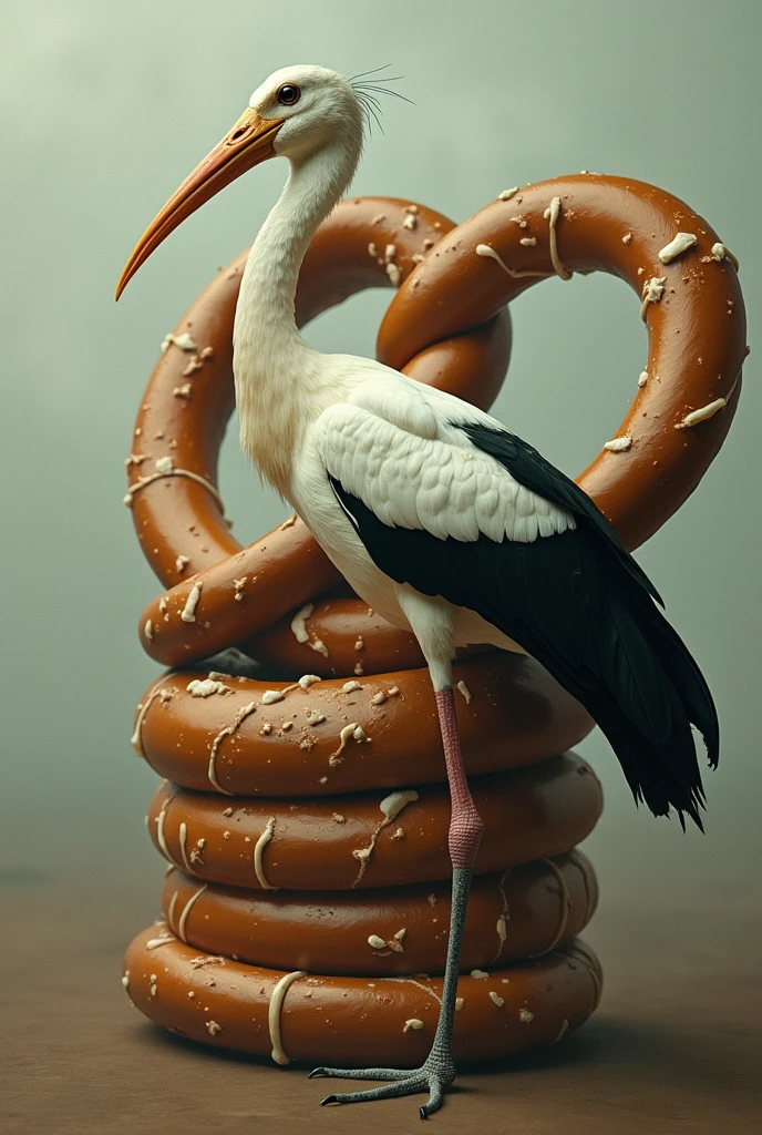 A stork strangled by a pretzel that serves his neck
