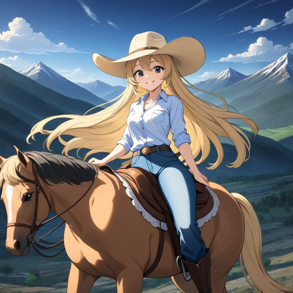  beautiful cowgirl riding a horse wild west, Women's cowboy shirt ,  Tight Jeans , cowboy hat, Boots with spurs,  blonde hair ,  very long hair light smile , Social realism,  cinematic lighting, Afterimage , Wide angle, masterpiece,  best hair quality ,  super detailed,  High Quality ,  Anime Screenshot,  The background is North American mountains 々is.