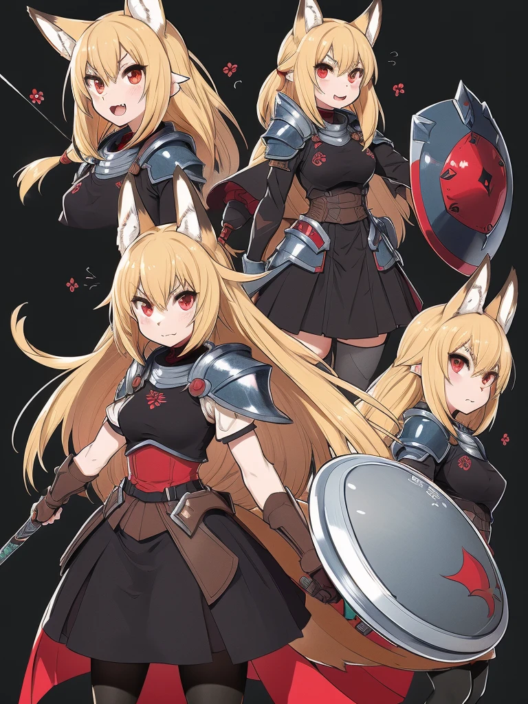  black background with spotlights、kishi-v2(A knight with a black and evil 々 shield、I can see the fangs、Double teeth、Wear armor ,  Beige Hair 、 Red Eyes,  1 girl),　I put on black tights、  1 girl, in ,  fox girl, in female,  fox ears,  animal ears  , Nazuna_Hiwatashi,  brown hair,Long Hair, red eyes, (Animal Nose, triangular nose  ),  fox ears, ((bushy Tail, Tail)),  fluffy fur with a large shield ,sketch (  character design sheet focused on perfection ,The nihilistic face, Mean face、same characters, whole body, three views, Front, ~ ~ ~ side, return)