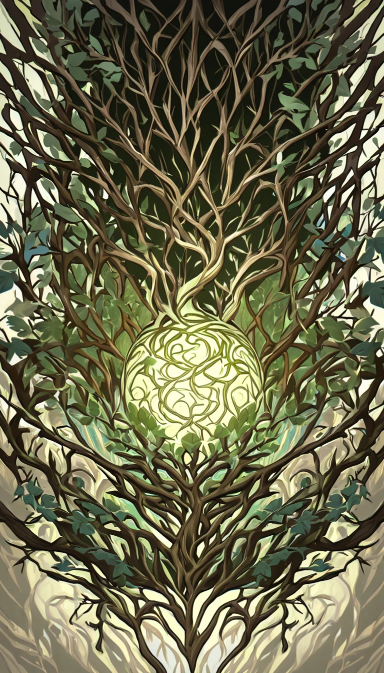 The Rooted Mind
A sculpture of a human head made of intertwining tree roots and branches. The branches rise upward, forming delicate patterns of leaves and blossoms, while the roots extend downward, merging with the ground. Within the hollow center of the head, a glowing orb symbolizes wisdom and growth.