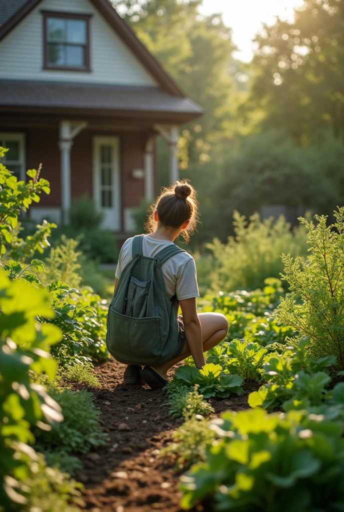 people taking care of a small vegetable garden at home, person from behind, real image without much quality , real people taking care of a small garden at home