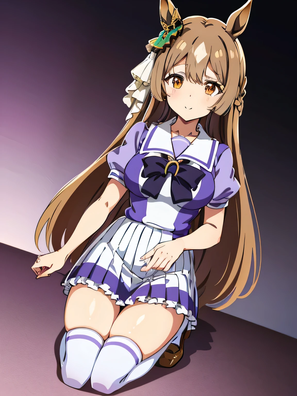 bbsato, long hair, half updo, braid, hair between eyes, animal ears, ear ornament, horse tail,brown hair,(Chibi,sketch,anime colours,close-up,Seiza,facing straight at viewer,Front view:1.2),tracen school uniform, Summer uniform, serafuku, Puffy Short Sleeves, purple bowtie, Horseshoe ornament, Sailor collar, sailor shirt, Purple shirt, White skirt, Pleated skirt, frilld, Miniskirt, zettai ryouiki, white thigh highs, Brown Footwear, lowfers,huge breasts,A smile,thighs thighs thighs thighs.Looking away,((highly detailed eyes)),anatomically correct