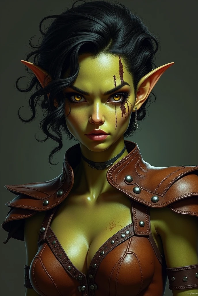 one githyanki girl, githyanki, (green skin, pointy ears, long ears:1.5), solo, (slender body:1.2), (muscular, upper body, bust:1.2), black eyes, black hair, (revealing outfit, tiny breasts, small breasts, male chest, cleavage, exposed body:1.5), bare shoulders, (belts, shoulder-belts:1.3), masterpiece, highly detailed, look at viewer, shiny blured orange background, gradient sprayed background, front view, gradient red purple background, blured background, glowing edges of image