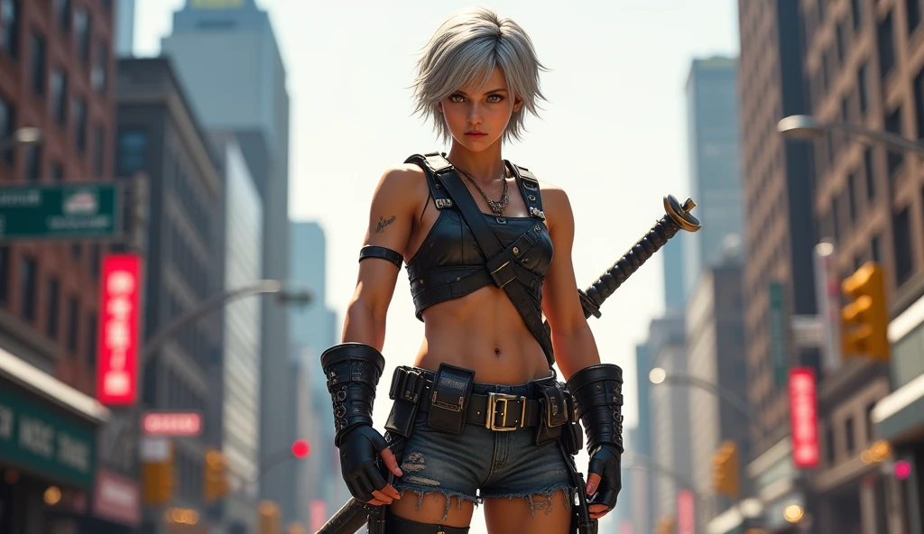 1boy, silver short hair, red eyes, wear sleeveless military vest, leather harness, short torn pants, shine tan skin, sword, beautiful legs, solo, standing on newyork city street, skyscraper, realistic background, studio lighting, soft focus, physically-based rendering, professional