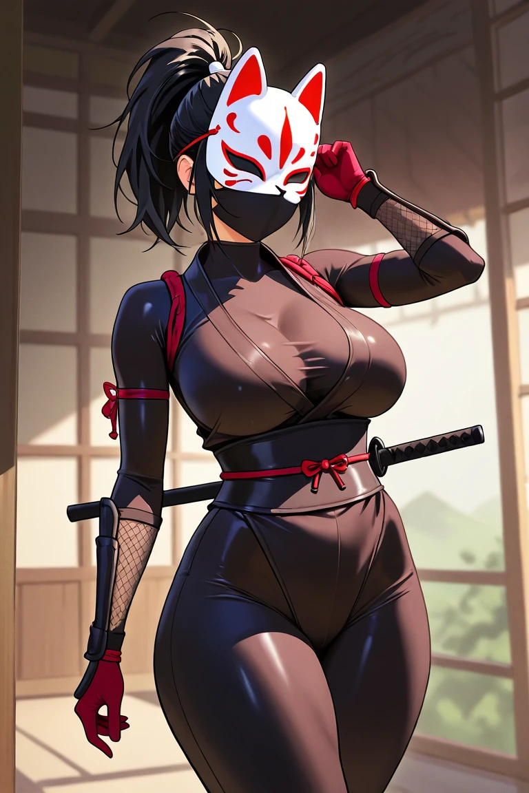 masterpiece, best quality, amazing quality, very aesthetic, absurdres, newest, <lora:JAVMASKIL:0.85> javmf, mask, eyeless, 1girl, solo, , wearing red kimono, tatami, covered , , smile, thick thighs,