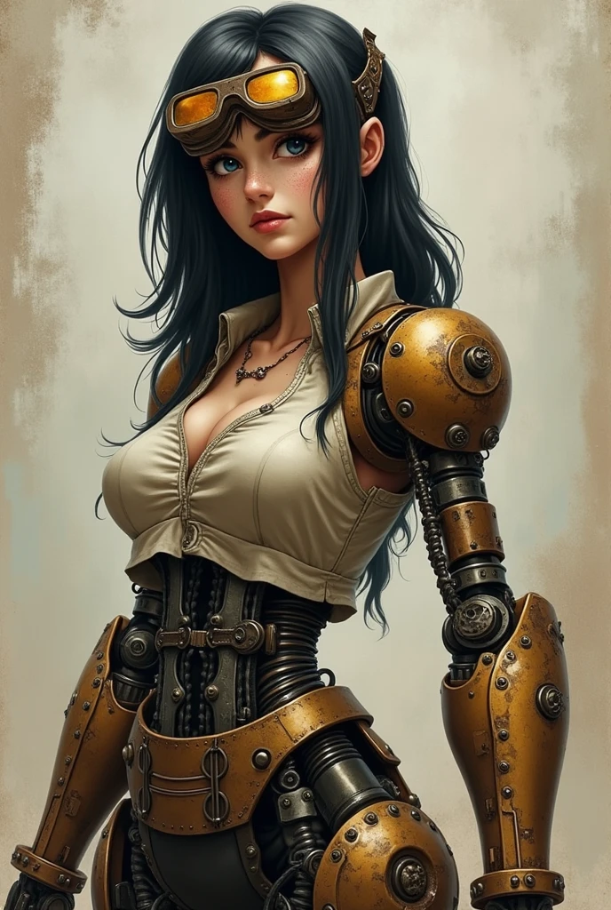 a mechanical girl with long black hair, beautiful and cute face, detailed mechanical body, nude, mechanical breasts, mechanical parts, very realistic, oil painting, best quality, masterpiece, cinematic lighting, dramatic shadows, vibrant colors, dynamic composition , art inspired by Bill Sienkiewicz, (best quality,4k,8k,highres,masterpiece:1.2),ultra-detailed,(realistic,photorealistic,photo-realistic:1.37),intricate details,vivid colors,sharp focus,professional,Dave McKean artwork, oil touch of surrealism,oil painting style,
