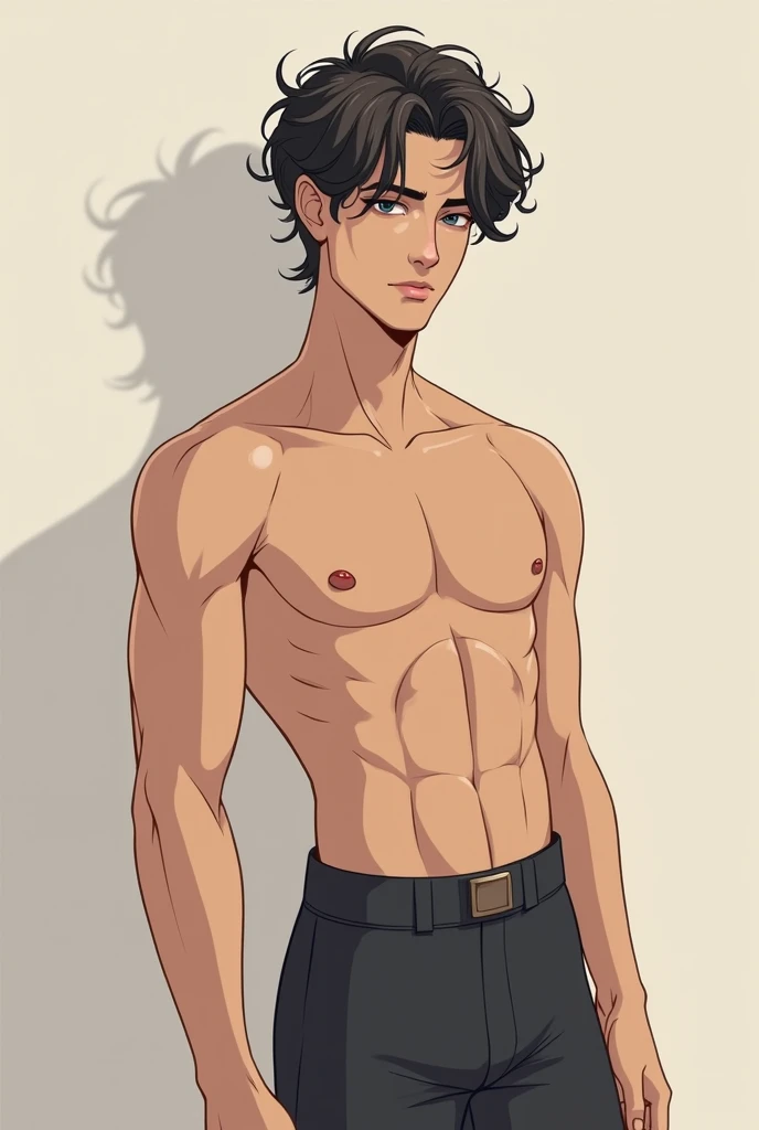 I want a character with a body without many muscles, medium hair and black hair..