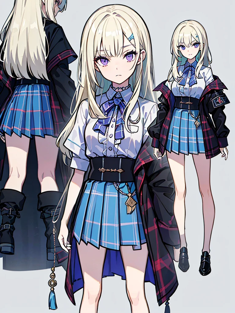 (masterpiece:1.2,  best quality),( Colored Background) (  light blue plaid pleated skirt : 1.2), (  Hi-Res CG Unity 8K Wallpaper  , masterpiece,  best quality,  Very detailed,  Best Shadow  ), (  detailed background), Mean face、  red eyeliner that makes an impressive impression、  cold eyes 、  has long eyelashes 、  purple eyes、blonde,(  Very detailedで精緻な3Dレンダリング)、, sketch (  character design sheet focused on perfection, same characters, whole body, three views, Front, ~ ~ side, return), Alone