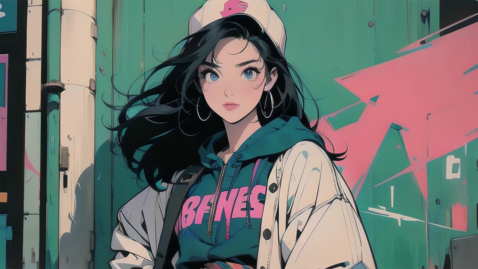 Anime girl with long black hair and a pink hat standing in front of a ...