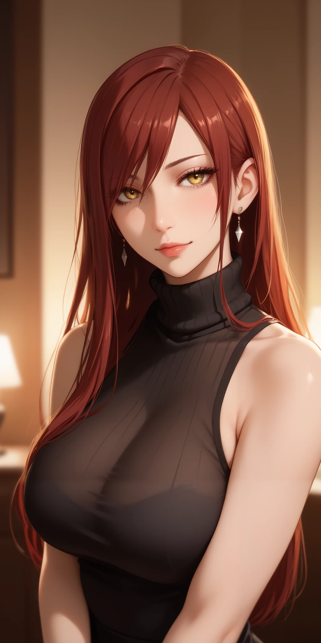 Score_9, Score_8_up, Score_7_up, Source_anime, anime art, anime style, masterpiece, best quality, very aesthetic, 1girl, mature woman, milf, curvaceous, long hair, side bangs, maroon hair,  sleeveless turtleneck, erza, seductive, perfecteyes, yellow eyes, upper body, home, soft light