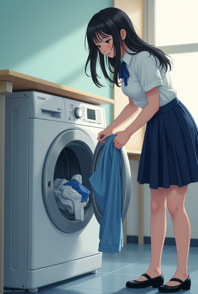 Wooden floor,Laundry room,Clothes that have been removed on the floor,washing machine