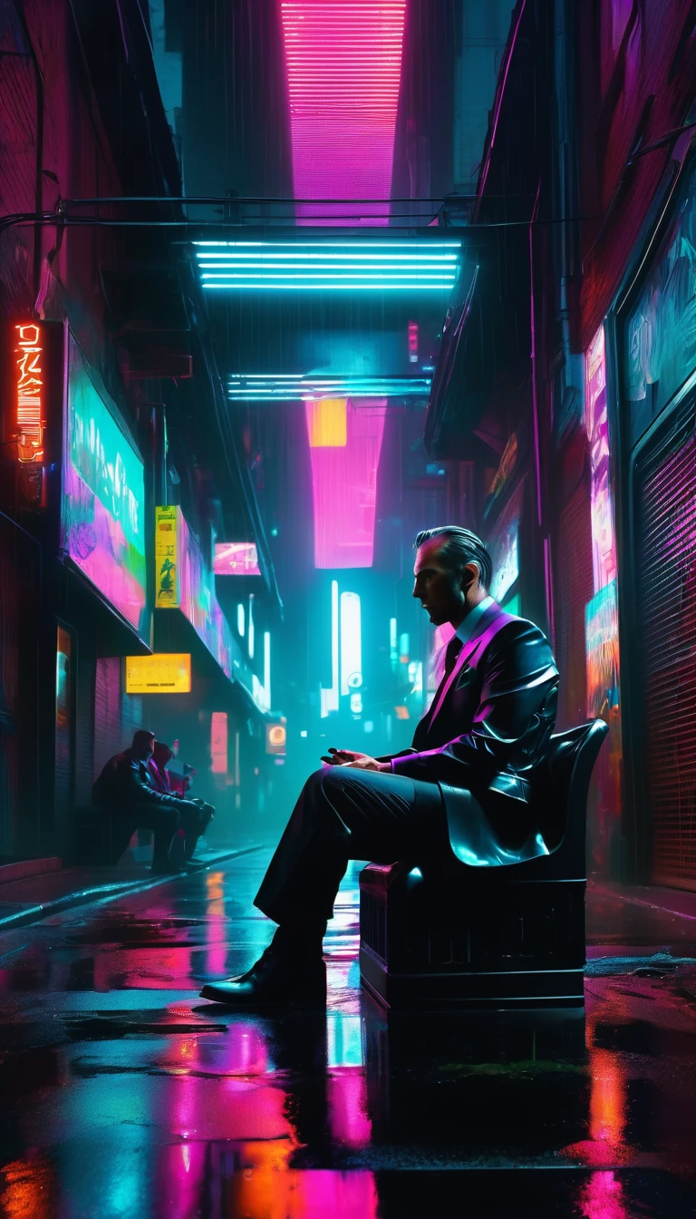 a man in a suit sitting down with his hands on his lap , cyberpunk, futurism,  Glowing , Energetic , Rain-soaked alley, steam-belching grates, wet pavement reflecting neon glow, augmented vagabonds, bio-enhanced buskers, glitched graffiti, transient cyberlife. , Vincent Peal